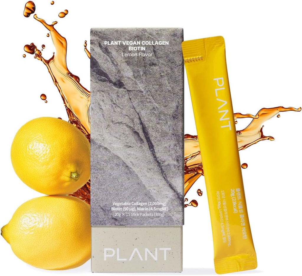 PLANT Vegan Liquid Collagen, Biotin, Niacin | 2.000mg Peptidi di collagene idrolizzato | Kosher & Halal Certified| Lemon Flavor| Skin, Hair & Nail Support| 363Da Ultra Low Molecular |15 Stick Packs