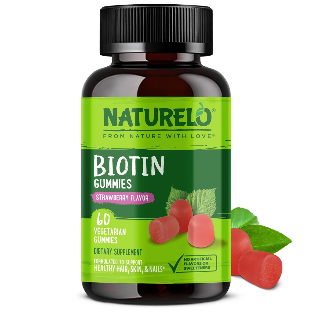 NATURELO Biotin Gummies - Supporta capelli sani, pelle e unghie - Alta potenza 2500 mcg - Non OGM, Gluten Free - 60 Gummies