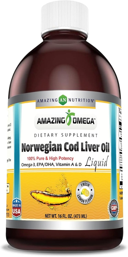 Erstaunlich Omega Norwegian Cod Liver Oil 16 Oz 473 ml Ergänzung | Zitronen Geschmack | Ausgezogen unter strengen Qualitätsstandards aus rund um die Gewässer von Norwegen | Non-GMO | Gluten kostenlos