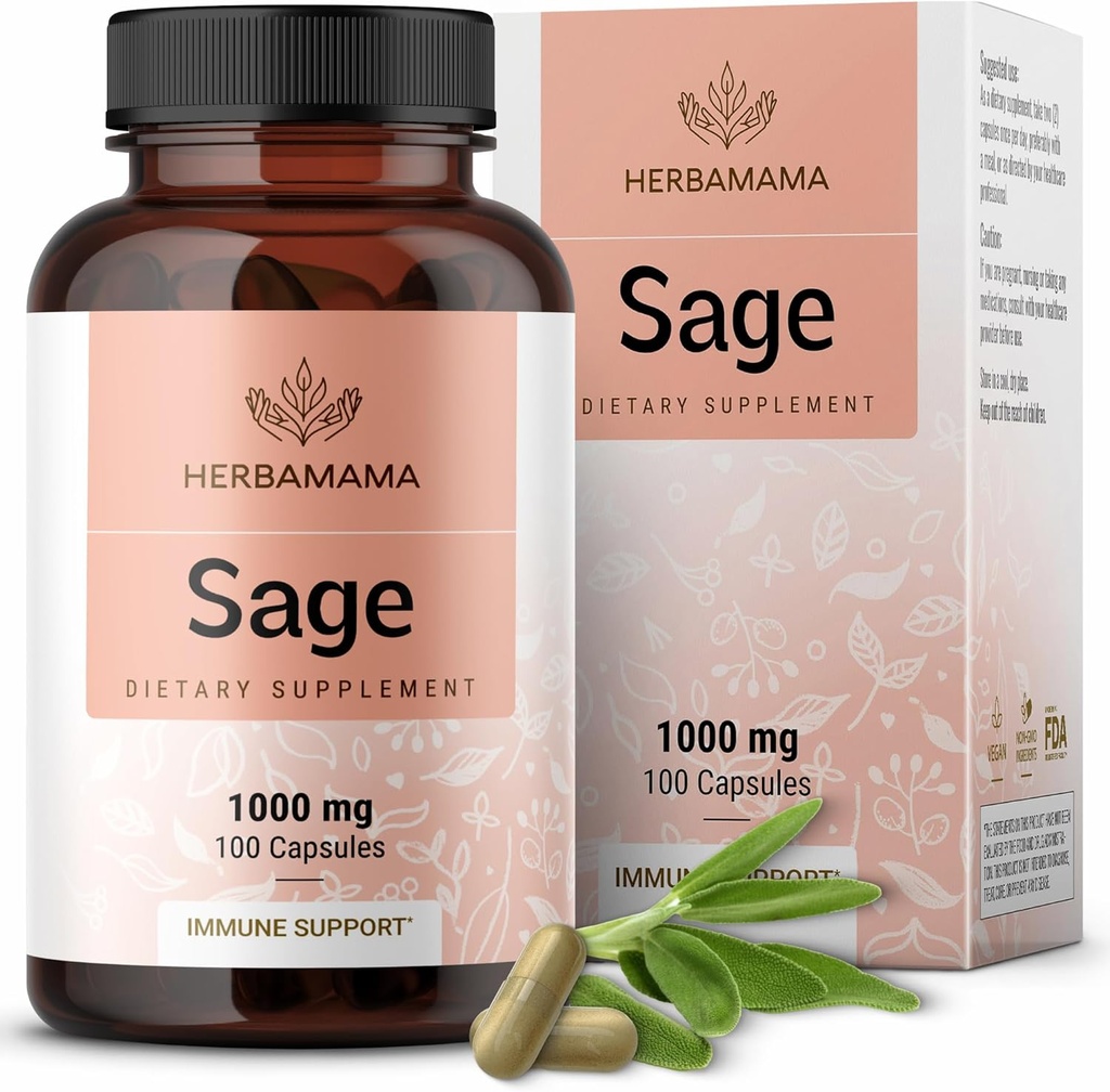 HERBAMAMAMA Sage Capsule - 1000mg Natural Digestive & Immune Support - Sage Leaves for Brain Clarity – Vegan, Non OGM Salvia Officinalis Antioxidant Supplement