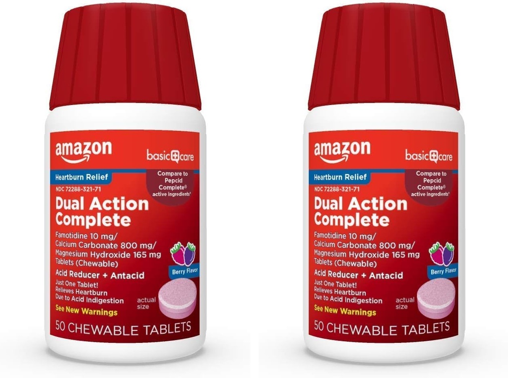 Cura di base Doppio Azione Completo, Riduttore di acido masticabile Plus Compresse azotate, Aroma di bacche, Medicina di bruciore, Rilievo di indigestione acida, 50 conteggio (Pacchetto di 2)
