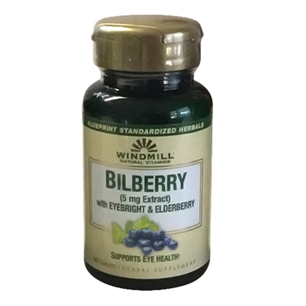 Windmill Bilberry 5 mg Extrakt Caplets, Mit Eyebright & Elderberry unterstützt Augengesundheit, 60 Ea
