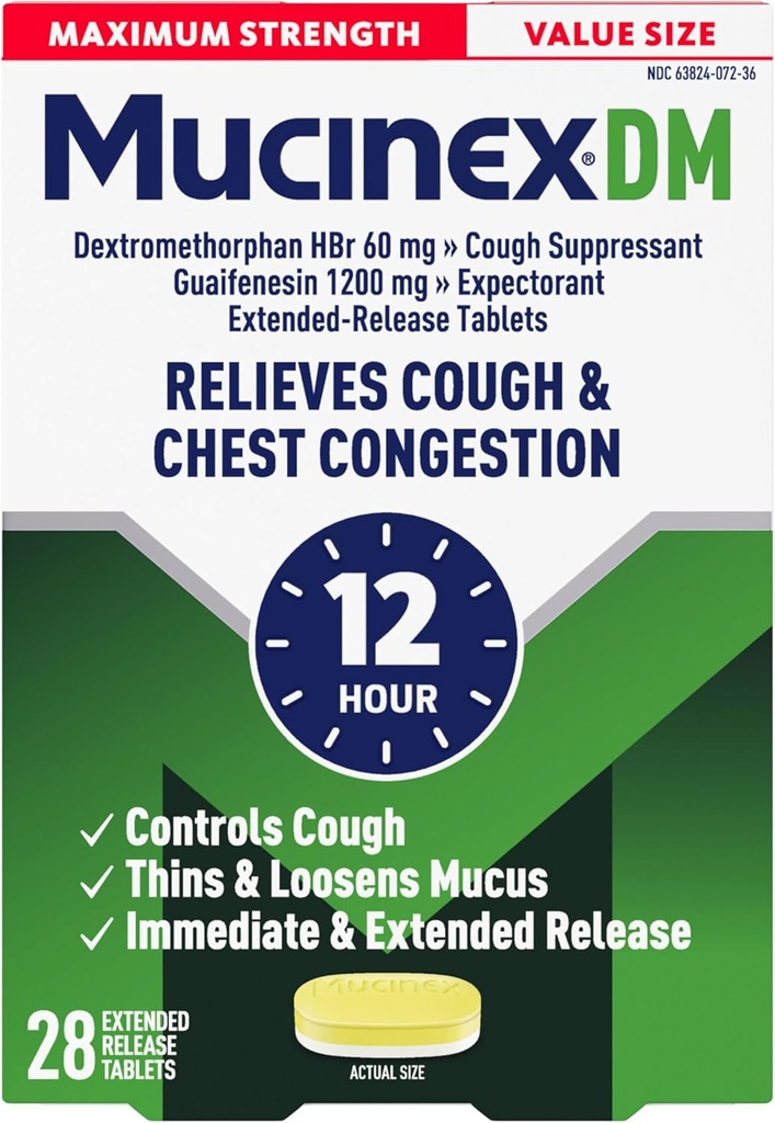 Mucinex Cough Suppressant und Expectorant, DM Maximale Stärke 12 Stunden Tabletten, 28ct, 1200 mg Guaifenesin, Relieves Chest Congestion, Quiets Wet und Dry Cough, #1 Doctor Empfohlen OTC Expectorant