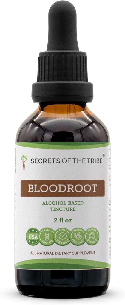 Segreti della Tribe Bloodroot Alcohol Tincture Extract, Responsabilmente allevato Bloodroot (Sanguinaria Canadensis) Radice secca (2 fl oz)