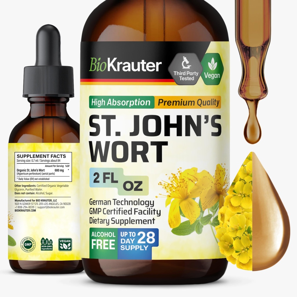 BIO KRAUTER St John's Wort Tincture - Hypericum Perforatum Liquid Extract for Mood Support - Hohe Absorption - Vegan Tropfen 2 Fl.Oz.