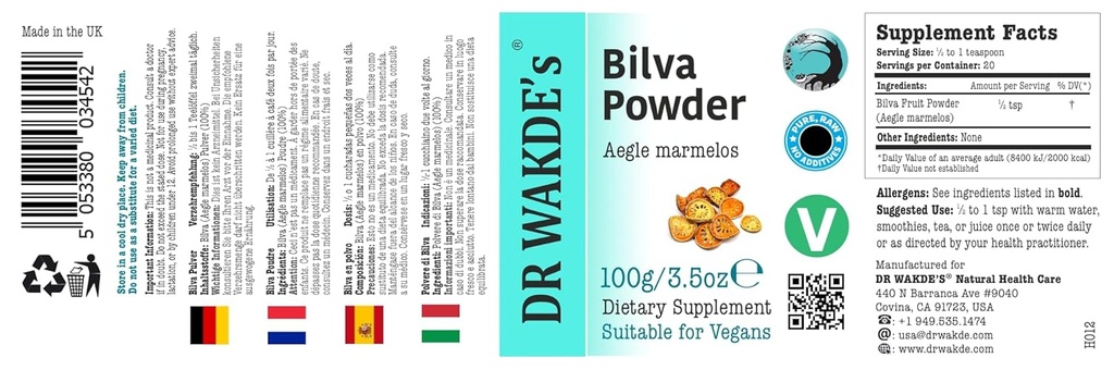 DR WAKDE's Bilva Fruit Powder (Bael Fruit | Aegle Mermelos) - 100g (3.5oz) | Pure, Raw & Dried Powder | Ayurvedic Herb | Vegan | Nichts hinzugefügt, nichts entfernt | Sam Day Dispatch
