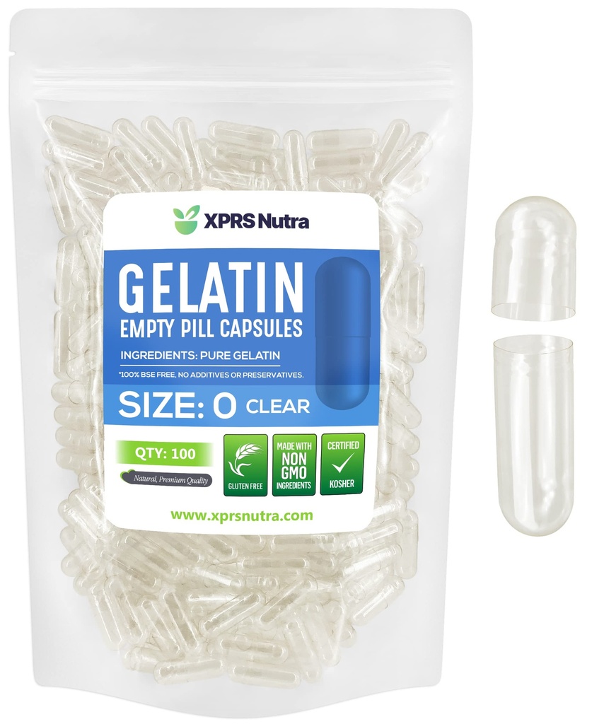 XPRS Nutra Größe 0 Klare leere Gelatine Kapseln 100 Zähler - Kosher und Halal - reines Gelatine Pille Kapsel - DIY Pulver Füllung - füllbare Gelkappen für Do-It-Yourself Ergänzungen