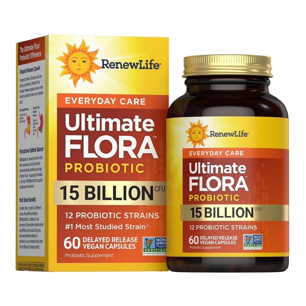 Renew Life Everyday Capsule Probiotici, Supplemento giornaliero Supporta Salute urinaria, Digestiva e Immune, L. Rhamnosus GG, Latticini, Soia e senza glutine, 15 miliardi di CFU, 60 Conte