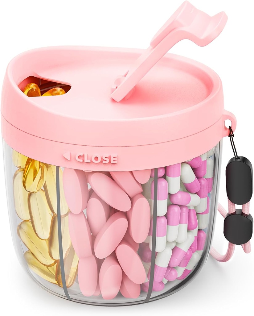 Distributeur de pilules mignon avec 7 grands compartiments, organisateur de bouteille de pilule portable avec large ouverture pour une utilisation facile, organisateur de pilules anti-Mix pour les voyages, conteneur de pilules sans BPA, rose