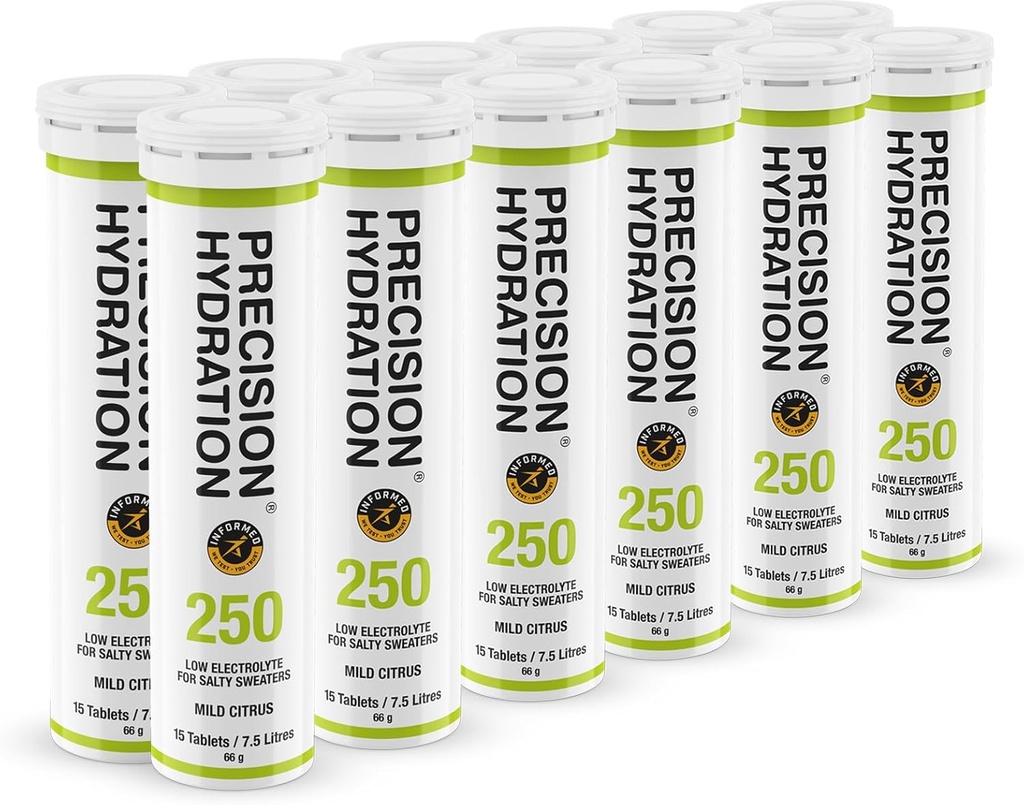 Bevanda elettrolitica di precisione - Compresse di idratazione multiforza - Calorie basse, senza glutine, Vegan/Vegetarian Friendly (12 tubi, 250mg/L - Tubo verde)