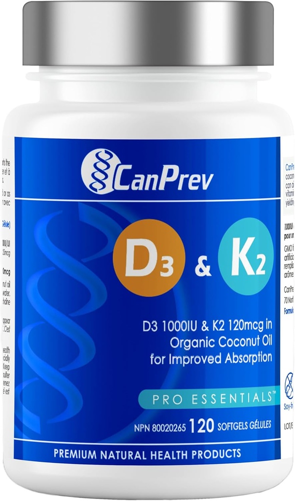CanPrev D3 & K2 Vitamine 120 Softgels, 120-Day Supply, 1000IU Vitamin D3 & 120mcg K2, Supporta le ossa forti, Teeth & Heart Wellness, Facile da assorbire con olio di cocco biologico, No OGM, Gluten, Soia, Latticini
