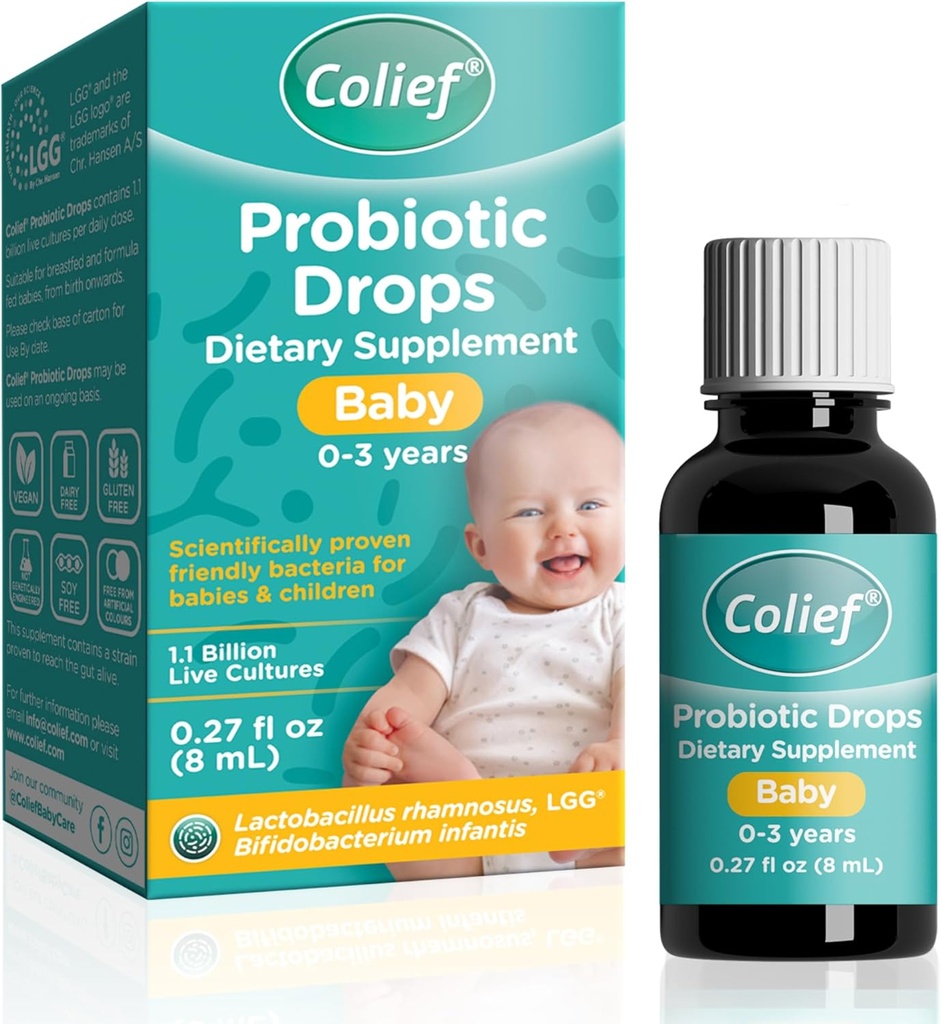 Colief Probiotic Drops Baby | 1,1 miliardi di culture dal vivo | Lactobacillus Rhamnosus & Bifidobacterium Infantis | Adatto dalla nascita | Batteria amichevole scientificamente provata | 0.27 Fl Oz