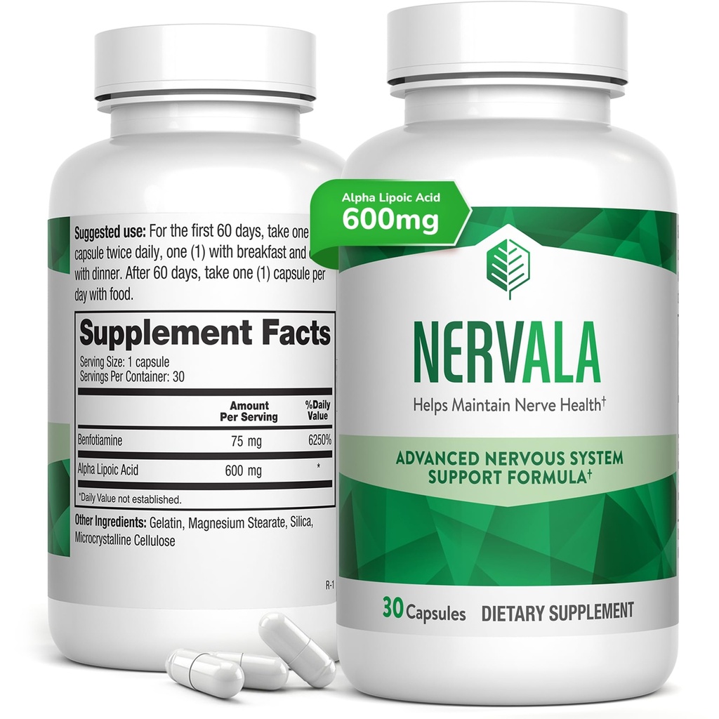 Nervala - Alpha Lipoic Acid 600mg - ALA Supplement Antioxidans für Nerve, Energie & Zirkulation Unterstützung- Extrastärke mit Benfotiamin - Made in USA, Lab Tested - 30 Kapseln, 1 Monat Versorgung
