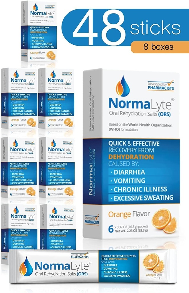 NormaLyte Oral Rehydration Salts-48 Sticks Packs (Yields 500mL pro Pack)-Orange| Energy Supplements, Kalium Supplement, Dehydration Recovery und schnelle Absorption