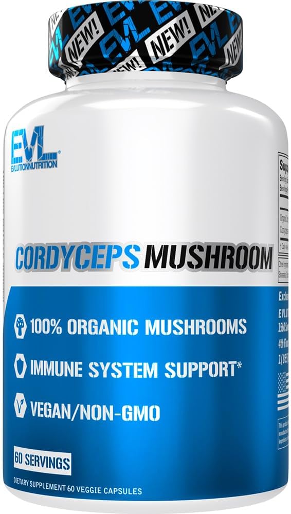 Evlution Nutrition Cordyceps Pilz - Immunsystem und Herzgesundheitsunterstützung - 500mg Pilzergänzung - 100% Bio, Vegan & Non-GMO - für Energie & Leistung - 60 Servierungen