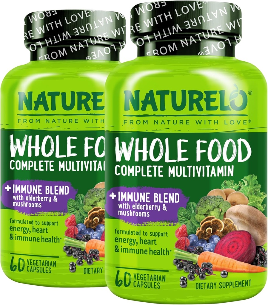 NATURELO Ganzes Essen Multivitamin + Immunmischung mit Elderberry & Pilze - Komplettes Multivitamin mit extra Immununterstützung - C, D3, Zink, Elderberry, Reishi, Shitake, 60 Vegan Kapseln (Pack von 2)