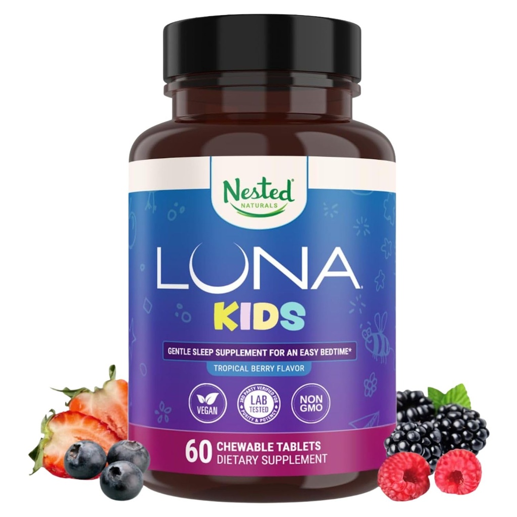 Enfants LUNA #1 Comprimés d'aide au sommeil pour les enfants de 4 ans et plus et les adultes sensibles. Ingrédients d'origine naturelle. 60 x Pilules à croquer.