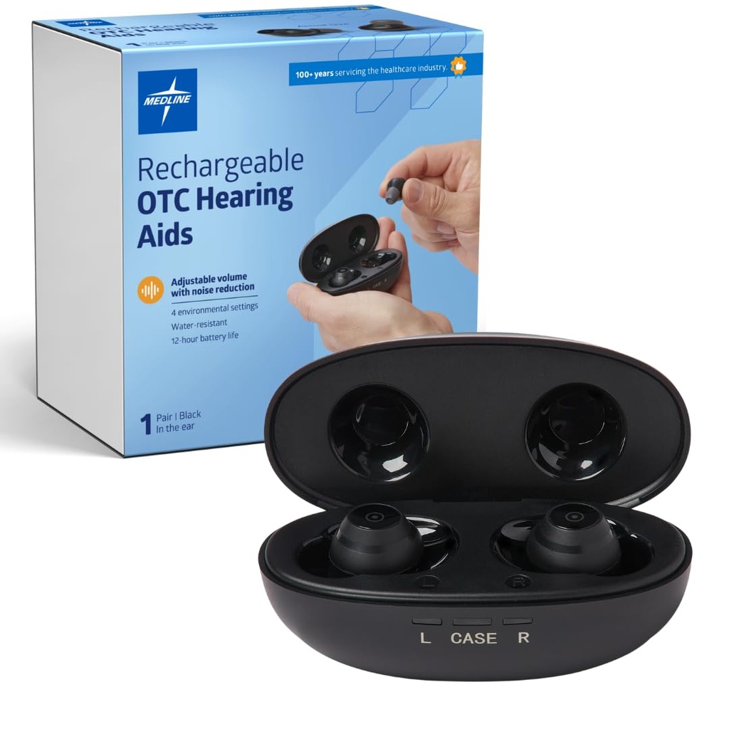 Medline Rechargeable OTC Hearing Aids, Black, in-The-Ear, 4 Environmental Settings, Water Resistant, Adjustable Volume, Mild to Moderate Hearing Loss, Noise Reduction, Earbud Hearing Aids