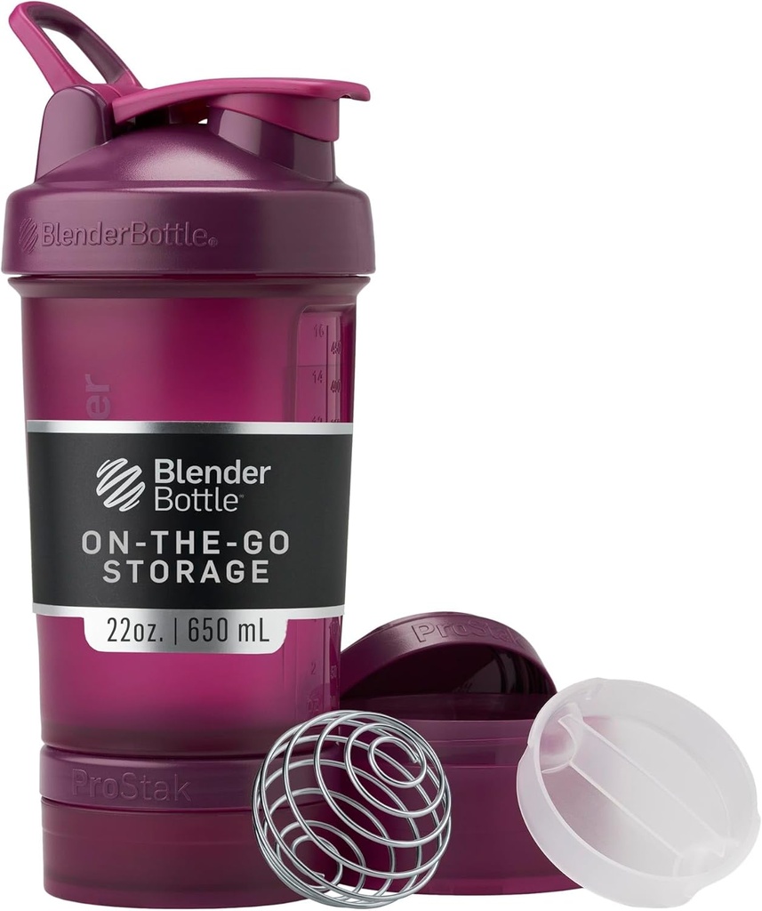 Bouteille de mélangeur avec organisateur de pilules et stockage pour poudre de protéines, système ProStak V2 classique, 22-Ounce, Prun