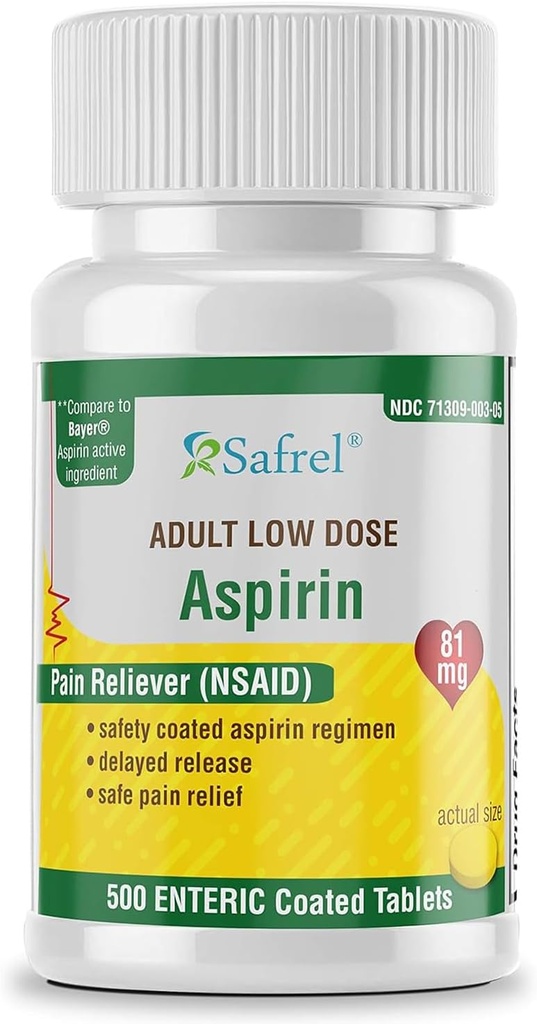 Safrel Generico Bayer Baby Aspirin 81 mg (500 compresse rivestite enteriche) | Adult Low Dose Strength Safe Pain Reliever (NSAID) per minori Aches | Value Pack