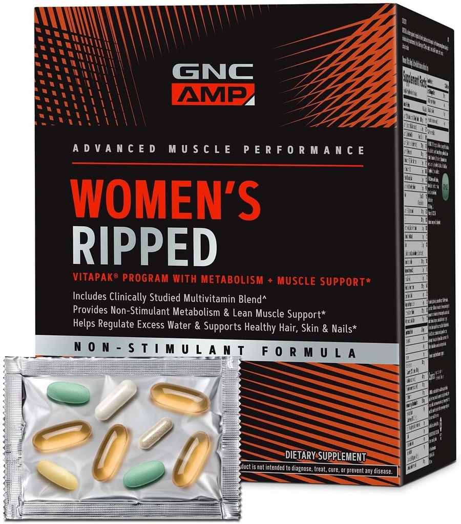 Programma di vitapak non standard di GNC AMP femminile, 5 prodotti in 1 confezione di vitamina, Metabolismo e massa muscolare magra, spargimento dell'acqua, ingredienti provati, CLA, Biotin, Multivitamin, Caffeina Free, alimentazione di 30 giorni