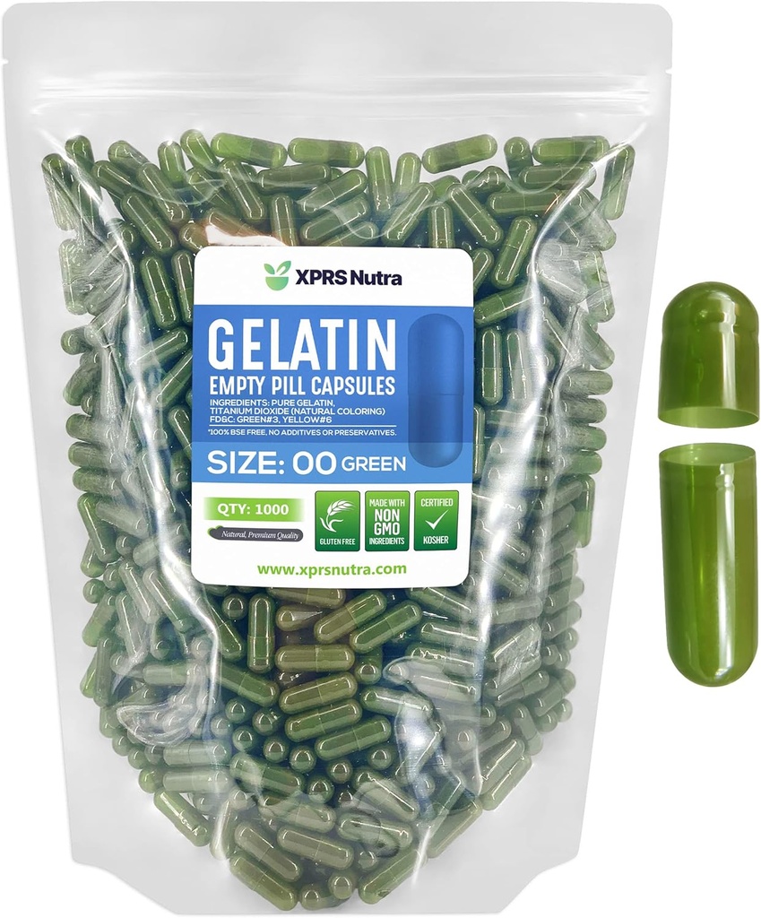 XPRS Nutra Size 00 Empty Capsules - 1000 Count Empty Gelatin Capsule - Pillole DIY Capsule Filling - Fillable Pill Gel Caps per Do-It-Yourself Supplements (Green)