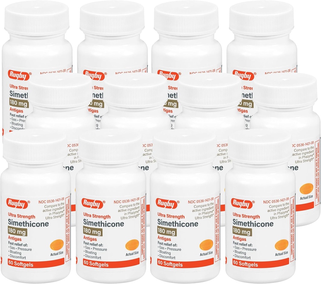 Rugby Ultra Strength Simethicone Gas Relief 180 mg - Relief de gaz maximal pour les adultes - Peut aider avec les symptômes de flatulence, de ballonnement, de gaz complet - 60 Softgels (12 Pack)
