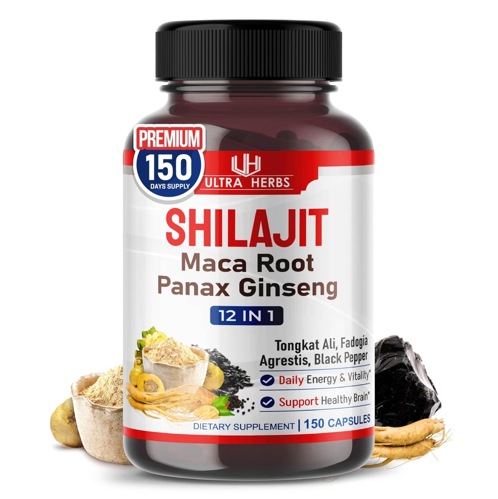 Shilajit Pure Himalayan - Energy Booster 85% Fulvic Acid, Maca Root, Panax Ginseng, Tongkat Ali, Fadogia Agrestis - Metabolismus & Immunität Unterstützung - 150 Kapseln