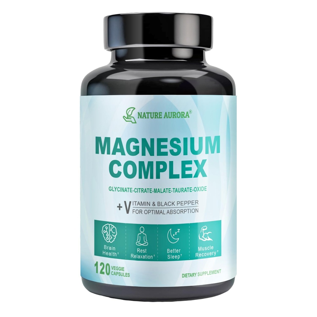 Magnesium Complex Supplement - Chelat Magnesium Glycinat, Citrat, Taurat, Malat, Oxidkapseln - Hohe Absorption Magnesium für Schlaf, Leg Cramps, Muskelentlastung, 400mg, 120 Veggie Kapseln