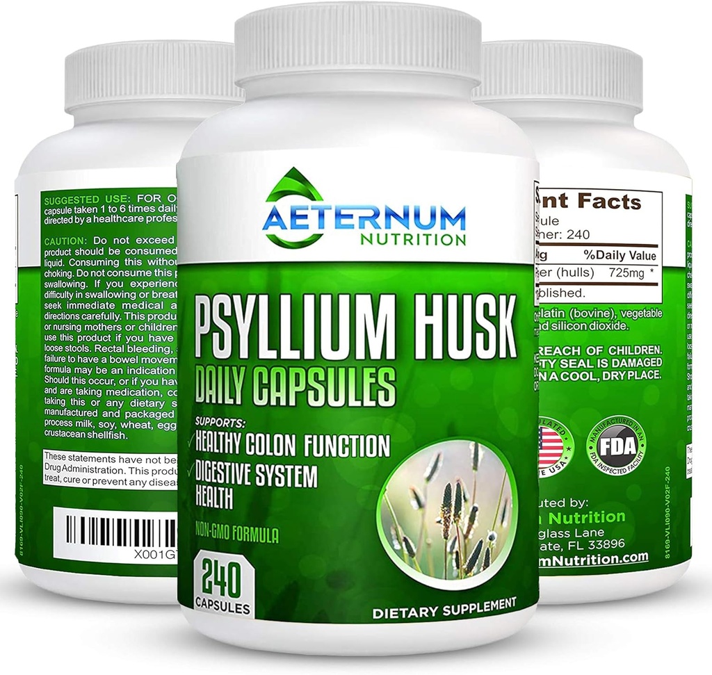 Aeternum Psyllium Husk Caps USA Made - Premium All Natural Fiber Supplement - 240 Husk Powder Capsules 725 Mg pro Servierung, Unterstützt gesundes Verdauungssystem - Alle natürlichen 100% löslich