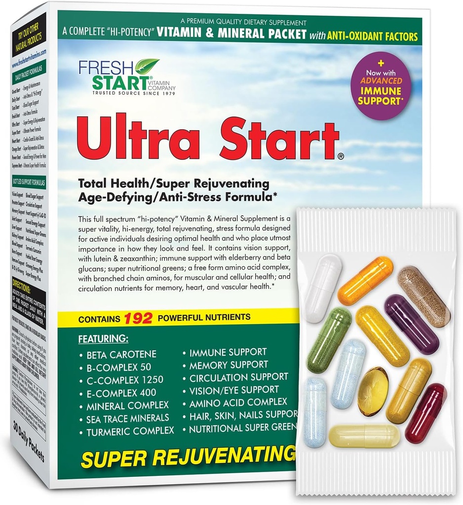 Ultra Start Complete Daily Vitamin Pack | Anti-Aging, Supporto Stress, Immune Booster | Vitamina A, B, C, D, E, Biotin, Minerali, Elderberry, Beta Glucans, Funghi, Aminoacidi, Turmerico (30 Packets)