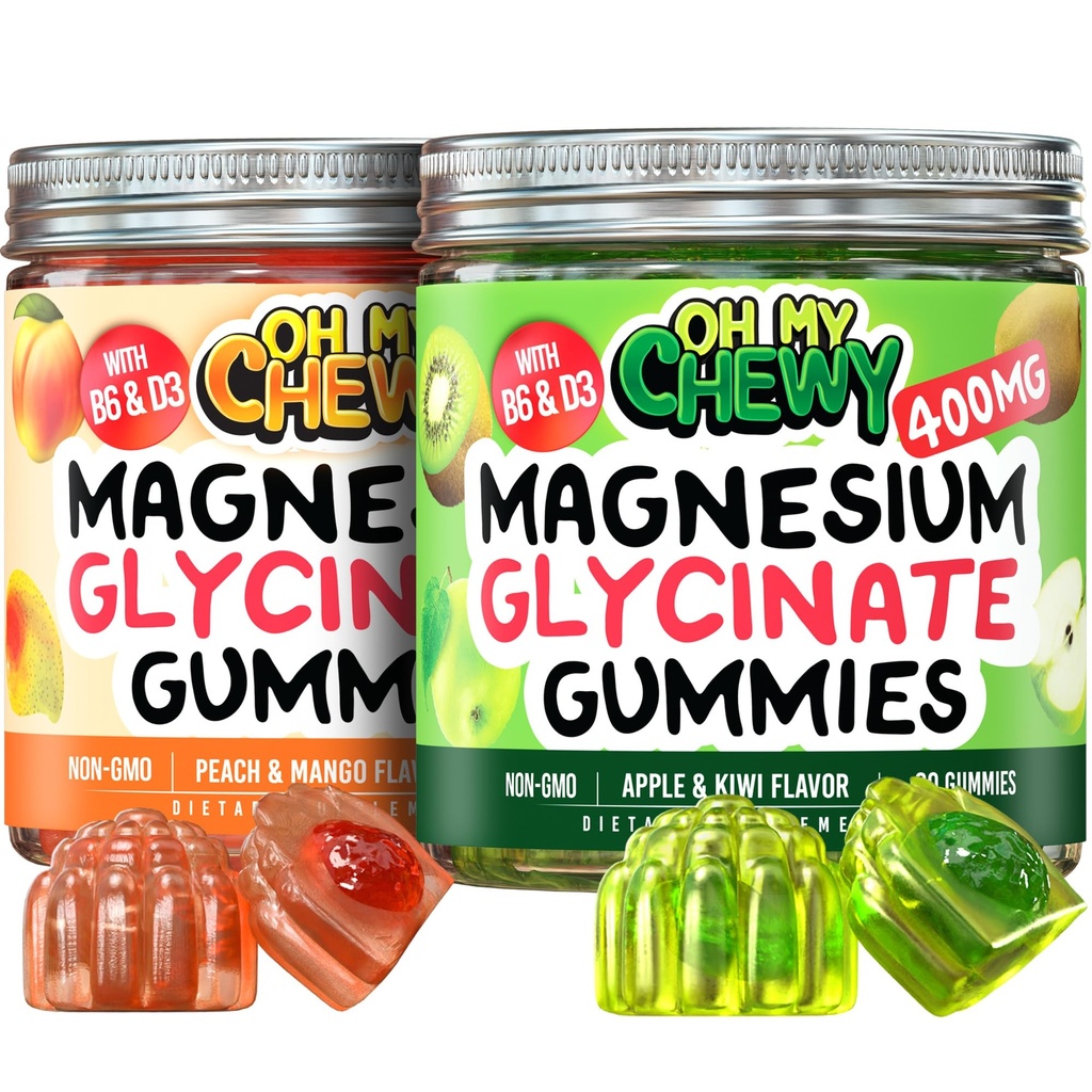 Magnesio Gummies Bundle – 2 bottiglie (60 ciascuna) – Apple Kiwi & Peach Mango