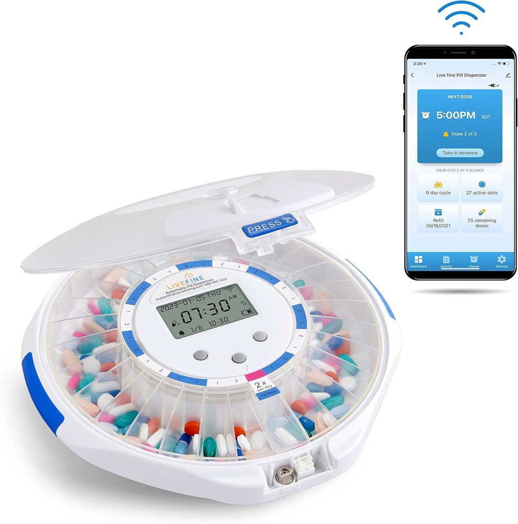 Live Fine Smart WiFi Automatic Pill Dispenser Frosted Lid | 28-Day Medication Organizer Fino a 9 Dose al giorno per il monitoraggio della cura con chiave di blocco, allarmi di luce/suono per le prescrizioni e vitamine