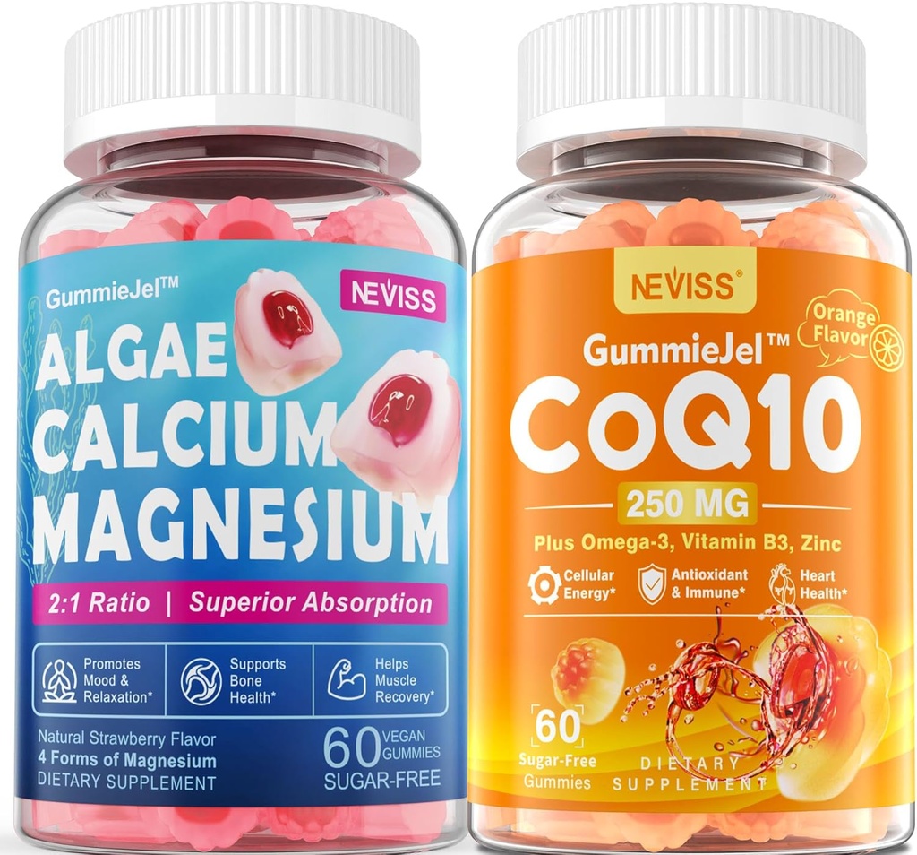 Supplément de calcium sans sucre 600mg, Algae Calcium Magnésium 2:1 Rapport + CoQ10-250mg sans sucre Gommies remplies, Coenzyme haute absorption Q10