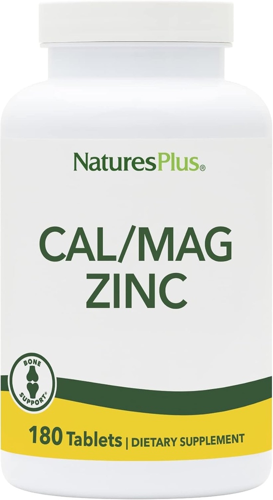 NaturesPlus Cal/Mag/Zinc - 1.000 mg di calcio, 500 mg di magnesio, 75 mg di zinco - 180 compresse vegetariane - Integratore minerale multi, Supporti Bone, Cuore e Salute immunitaria - Gluten-Free - 45 Serve
