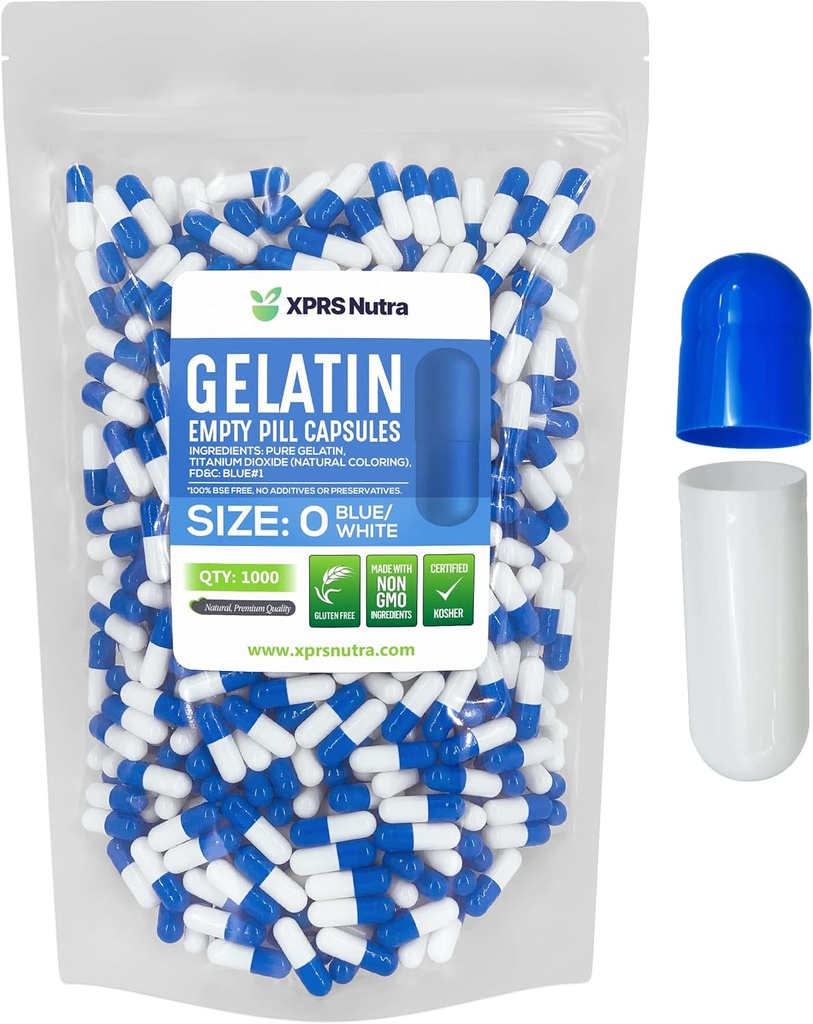 XPRS Nutra Größe 0 Leere Kapseln - 1000 Graf Leere Gelatine Kapseln - Pillen DIY Kapsel Füllung - Pure Bovine Pill Gel Kapseln für Do-It-Yourself Ergänzungen (blau/weiß)