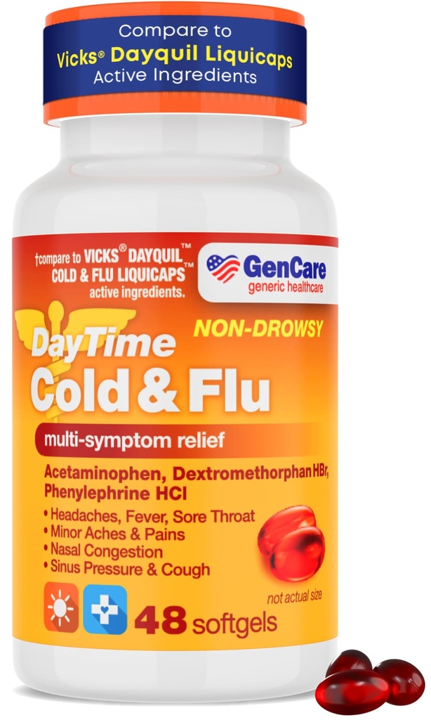 GenCare - Multi Symptom Non Drowsy Daytime Cold & Flu Relief Acetaminophen 325mg, Dextromethorphan HBr 10mg, Phenylephrine HCl 5mg (48 Softgels) Nicht-Haben-Forming Pain Reliever & Nasal Decongestant