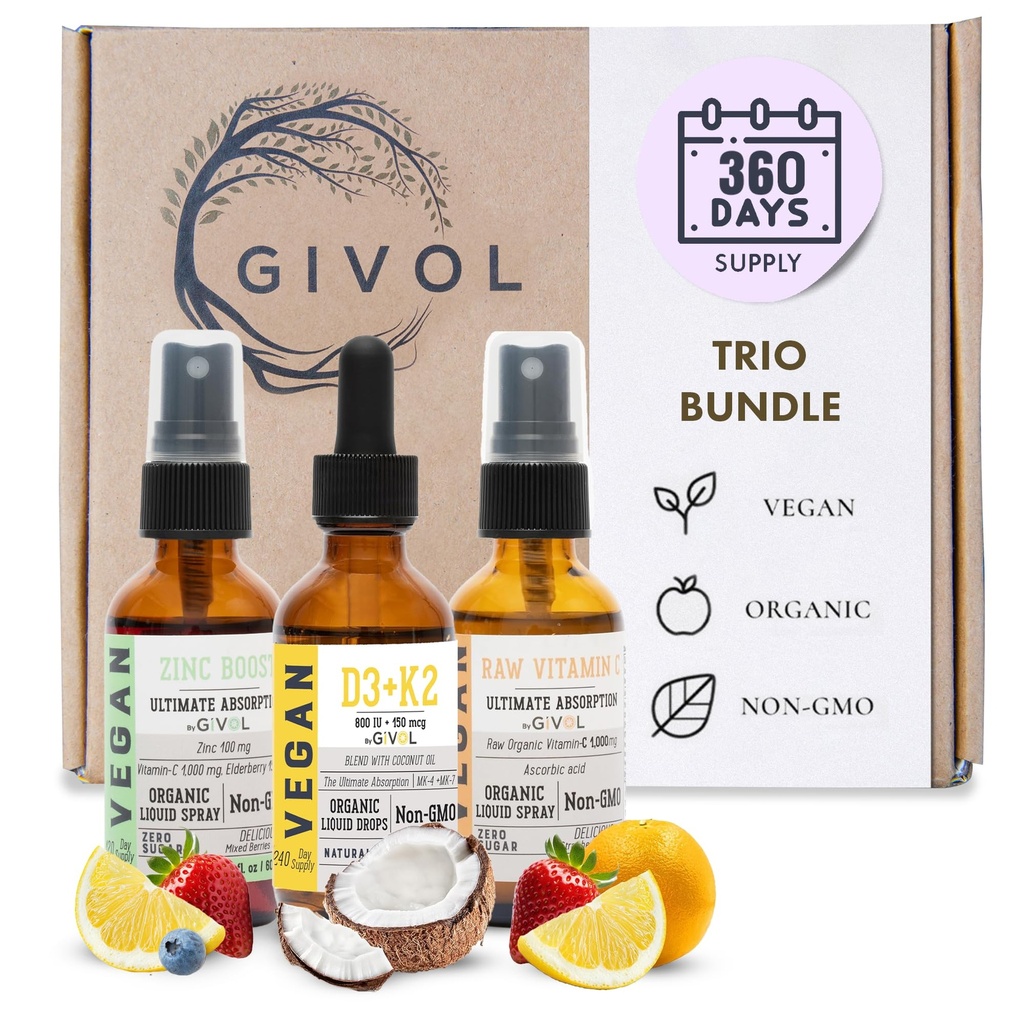 Immunity Support Pack - Raw Vitamin C, D3 & K2 Liquid, Zinc Picolinate - Premium Heart Health Vitamins w/Essential Minerals, Antiossidant Properties, & Cardiovascular Benefits - 180 giorni di fornitura