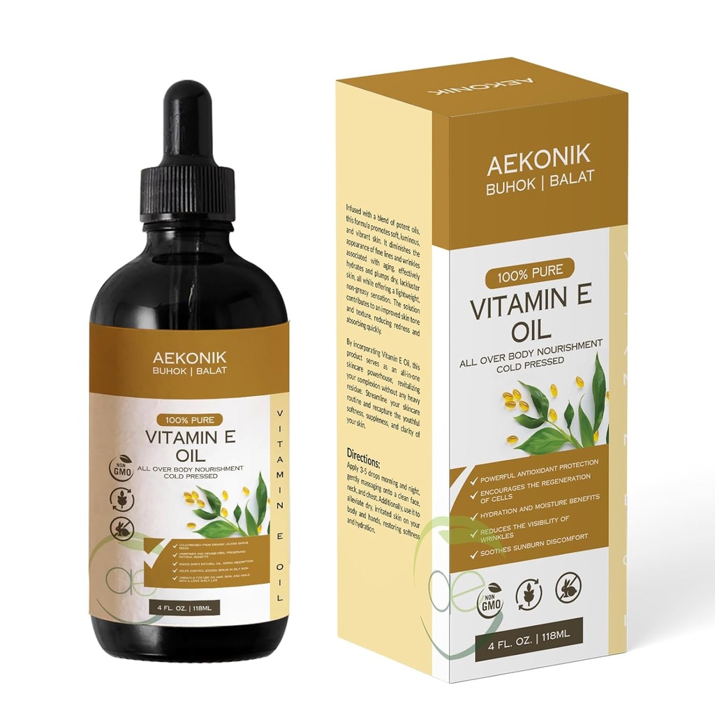 Olio di vitamina E organico - Olio essenziale di vitamina E puro per la cura del corpo e la cura della pelle - Bottiglia di 4-Oz per la pelle secca, rughe, segni di stretch, Acne & Anti-invecchiamento