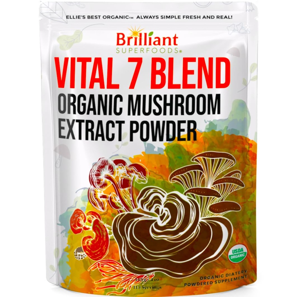 Il miglior 7 Mushroom Powder Extract Blend Supplement Organic 114 Servings High Potency Double Extracted Cordyceps, Reishi, Turkey Tail, Chaga, Lion's Mane - 4oz