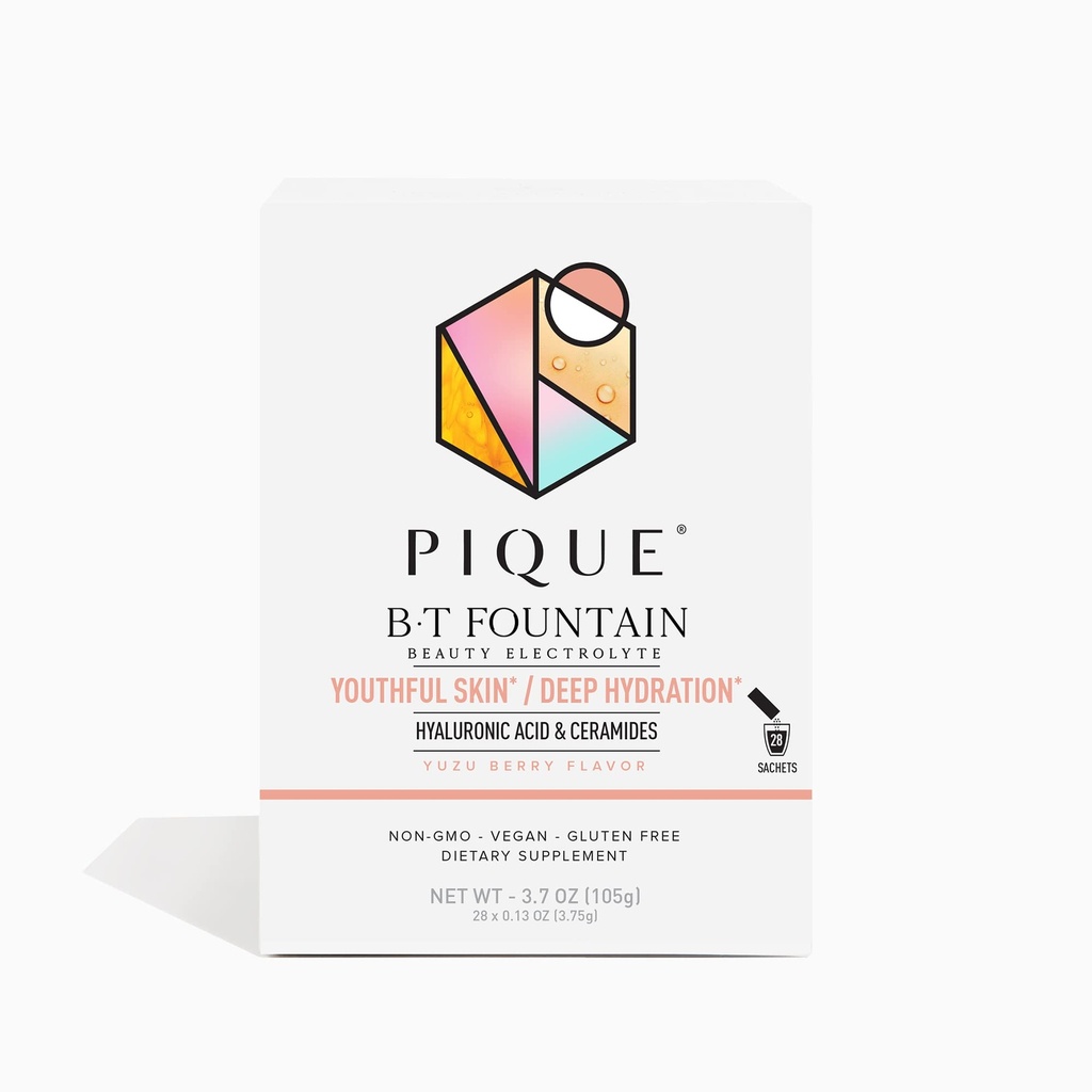 PIQUE BT Fountain Beauty Electrolyte Powder - Idration Powder Packets with Hyaluronic Acid, Ceramides, Magnesium for Hydrated, Elastic Skin - No Aggiunto Sugar - 28 Single Serve Sticks (Pack of 1)