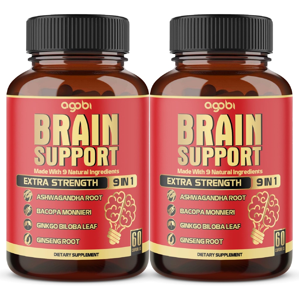 agobi 9in1 Brain Support Supplement - 2 Packungen 60 Zähler Blended Ashwagandha, Panax Ginseng, Gotu Kola, Ginkgo, Black Pepper & More - Genauigkeit, Fokus, Memory & Energy Production Support