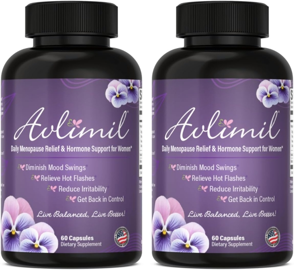 Avlimil® Hormone Balance & Ménopause Relief from Mood Swings, Hot Flashes, Sweat Night et Irritability - Isoflavones, Black Cohosh, Raspberry, Valerian, Sage, Red Clover, Lemon Baume - 2 mois
