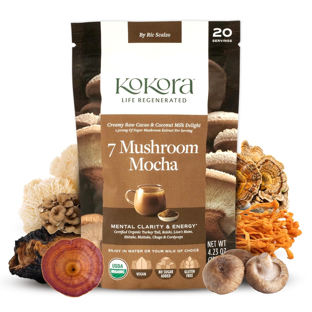 7 Mocha de champignons - Poudre de champignons Adaptogènes organiques - y compris la dinde Tail & Lions Mane - Energise et favorise la clarté mentale* - Vegan, sans gluten, sans sucre ajouté - 20 portions - 120g