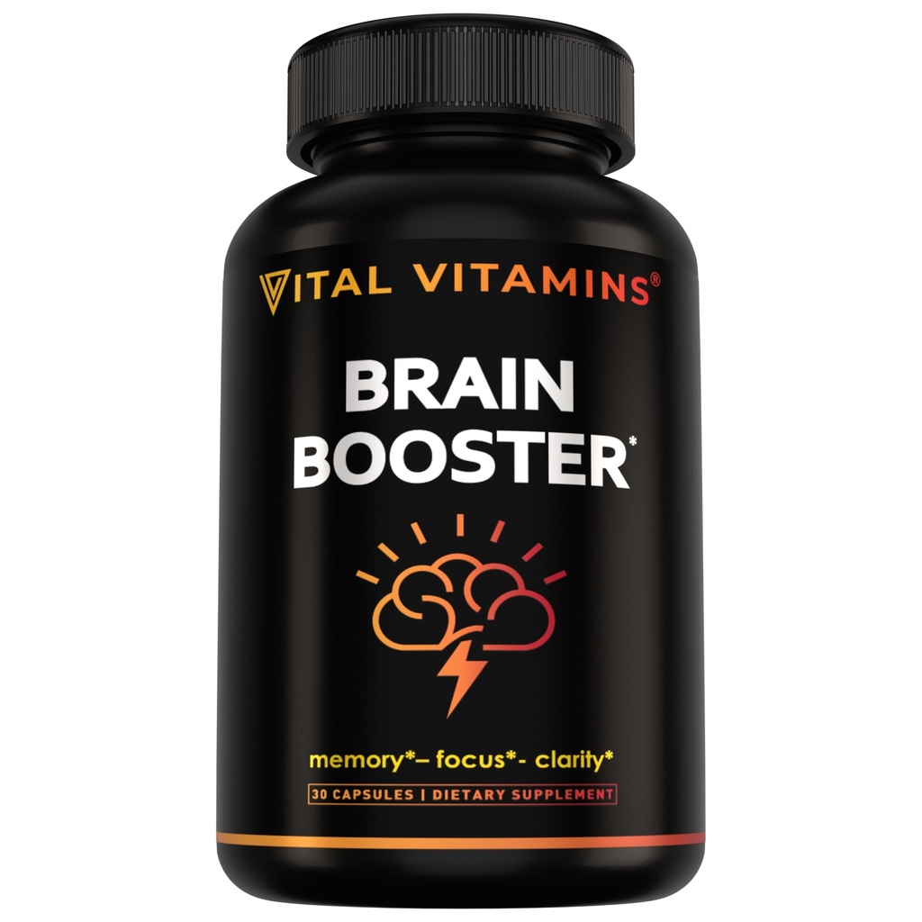 Integratori Vital Vitamins Brain con Bacopa Monnieri - per Memoria e Focus – Booster Nootropic Brain - Supporto Caffeina-Free per Adulti & Anziani – Non OGM, Alimentazione 30-Giorni, 30 Capsule