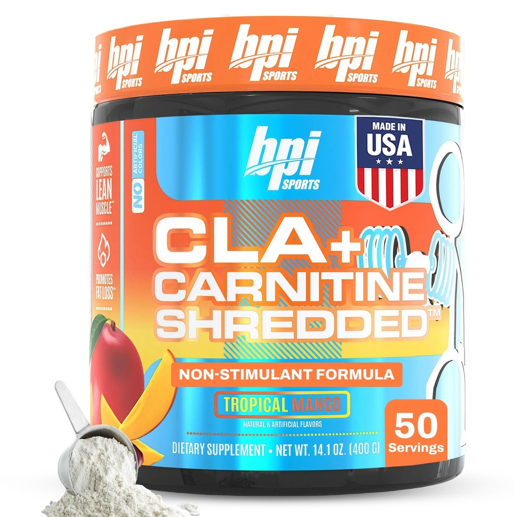 BPI Sports CLA + Carnitine Shredded - Convertir les cellules graisseuses dans l'énergie et soutient Lean Muscle, Boost Métabolisme - Supplément L-Carnitine non stimulant - Mangue tropicale (14.1 oz. / 50 portions)