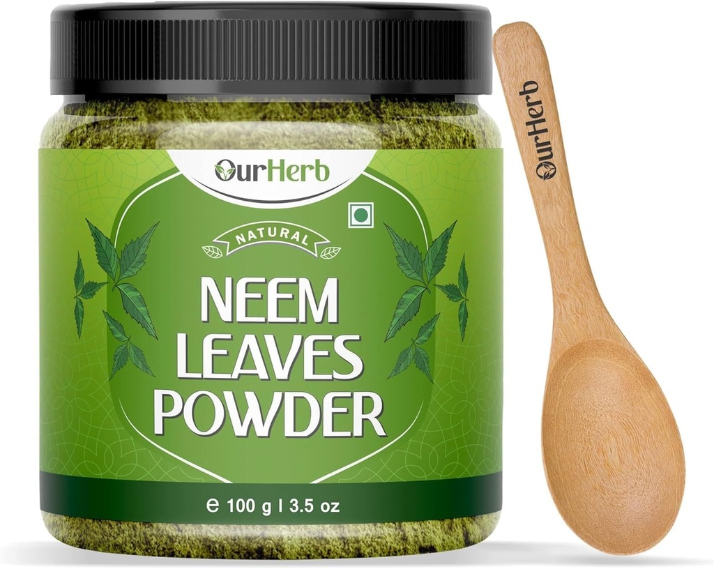 Neem lascia la soluzione naturale della polvere per la pelle trasparente e i capelli sciolti, ideale per i pacchetti facciali, la cura dei capelli e il supporto di pigmentazione con lo spoon di legno – 100g | 3.5 Oz