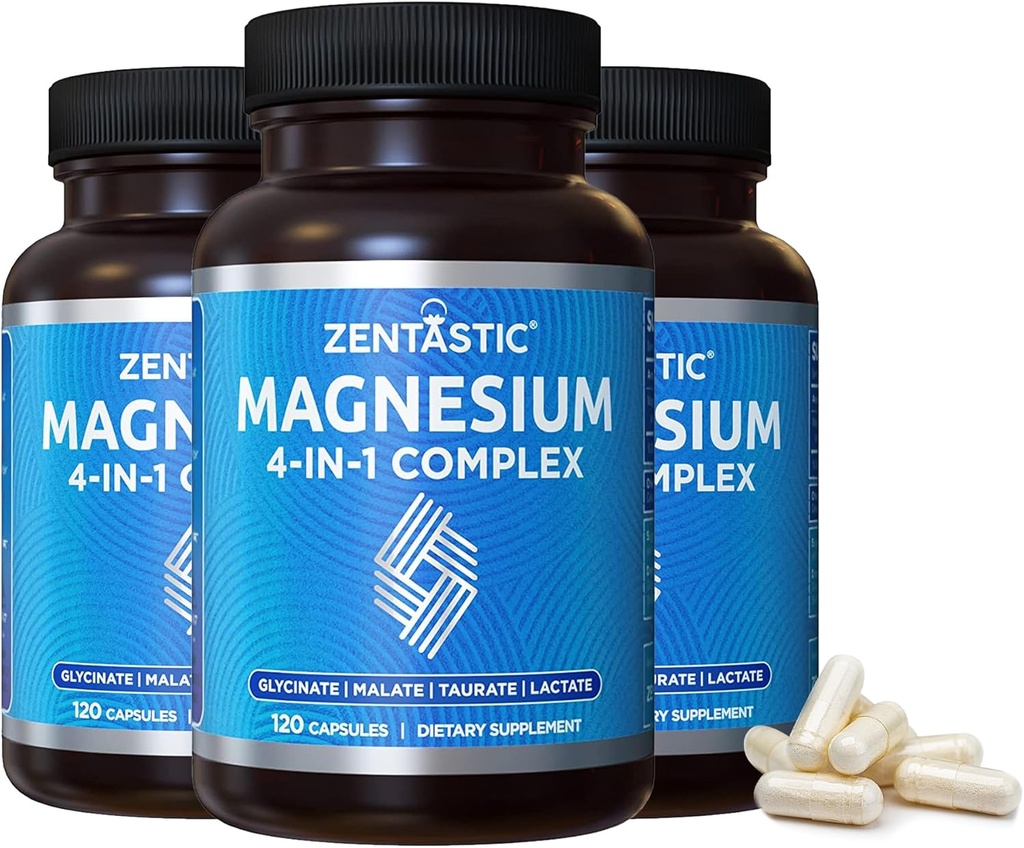 Zentastic Magnesium Complex - 360 Kapseln - Chelat Magnesium Glycinat, Malat, Taurat & Lactate - Unterstützung von Knochen, Muskeln