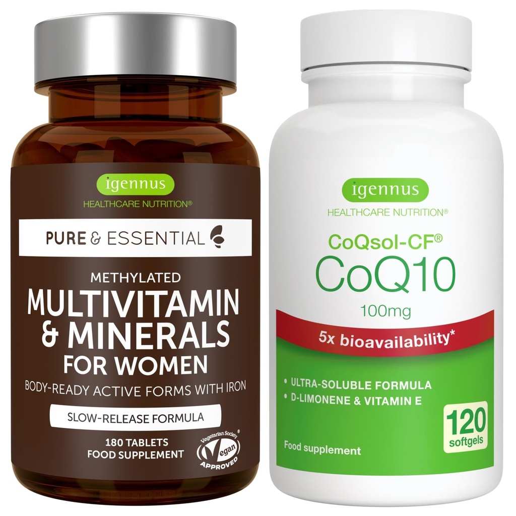 Multivitamine et minéraux pour les femmes + haute absorption CoQ10 100mg 120 Softgels Energy Bundle, libération prolongée Multivitamine avancée + CoQ10 avec vitamine E et D-Limonène, par Igennus