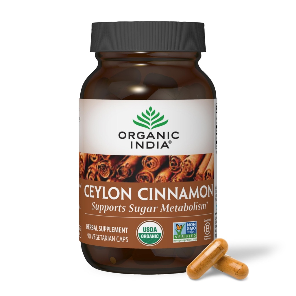 ORGANIC INDIA Ceylon Cinnamon Supplement - Organic Ceylon Cinnamon Capsules, Cinnamon Pills Kräuterergänzung, Unterstützung Verdauung, Quelle von Antioxidantien, USDA Organic, Vegan, Gluten-Free - 90 Kapseln